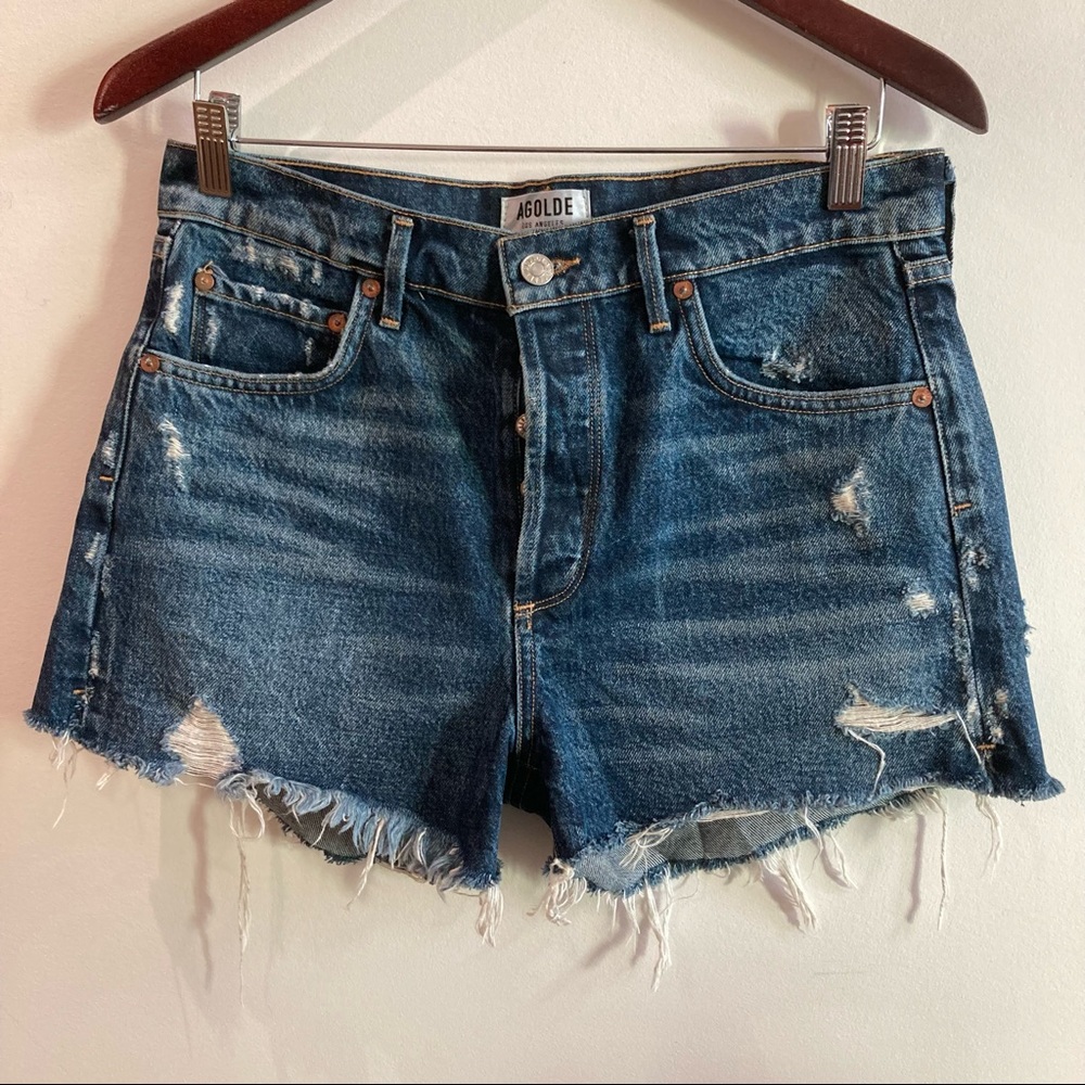AGOLDE Sz 29 Parker Button Fly High Rise Distressed Denim Jean Shorts